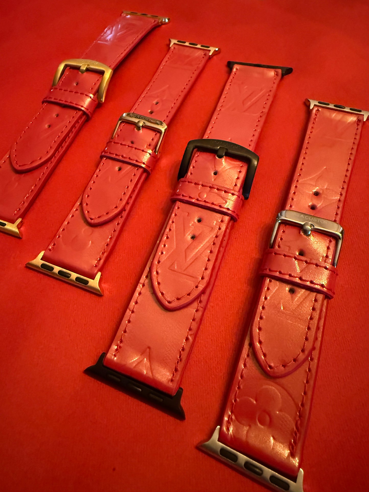 Custom Apple Watch strap in a Rose Vernis patent leather