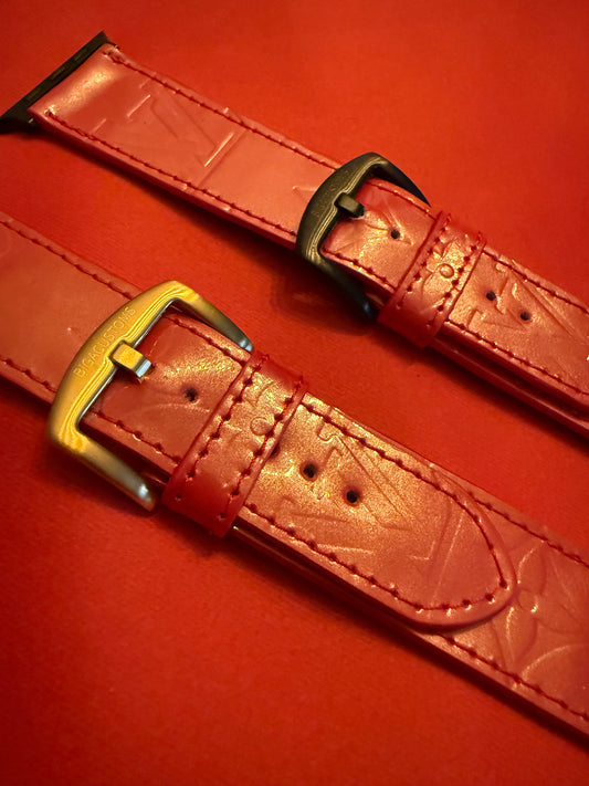 Custom Apple Watch strap in a Rose Vernis patent leather