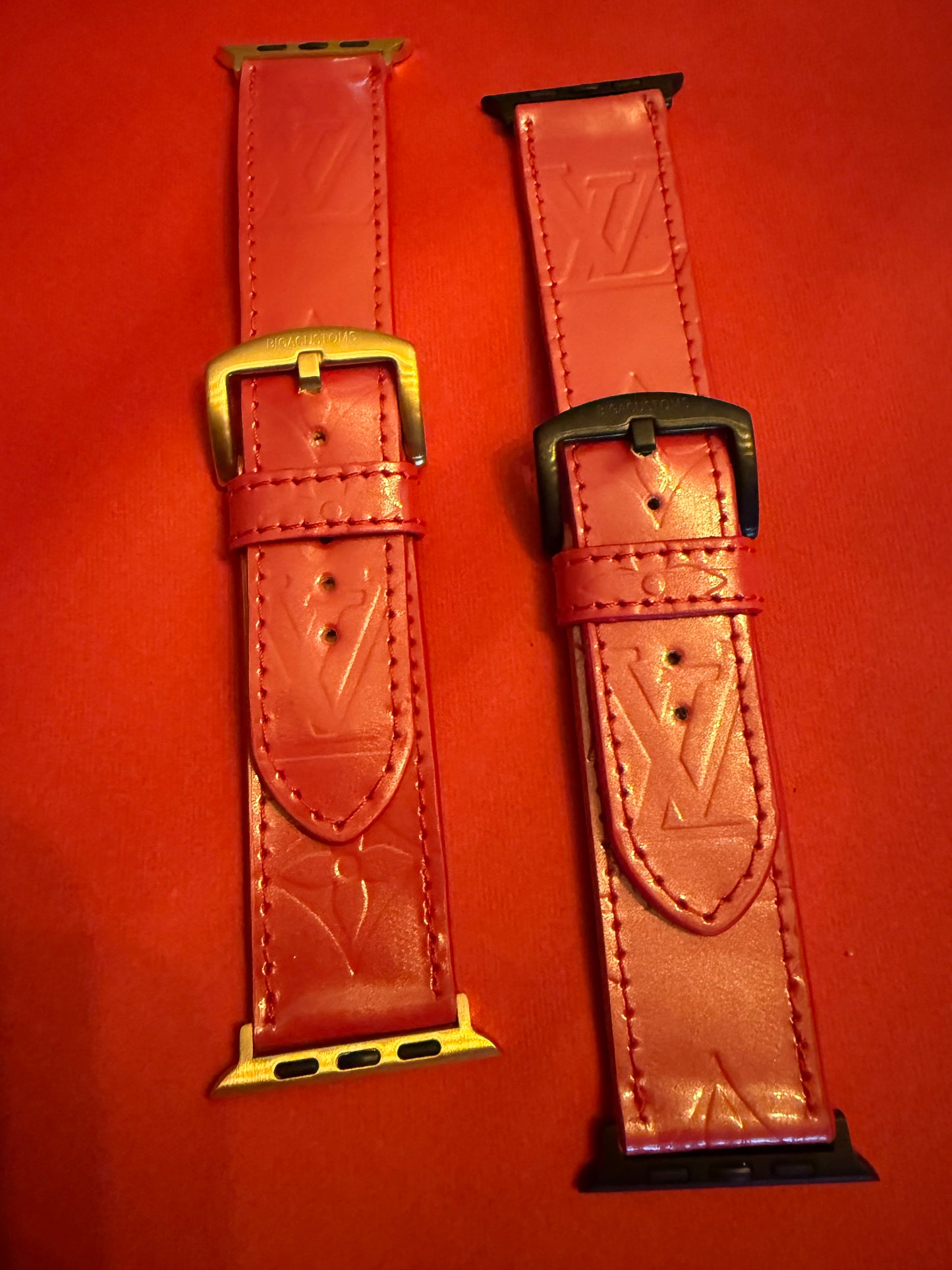 Custom Apple Watch strap in a Rose Vernis patent leather